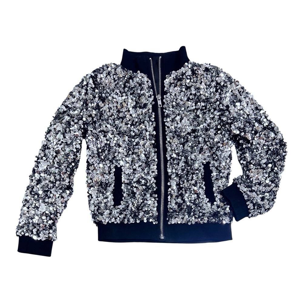 MIA New York Little Girls Silver Sequined Jacket Black Bomber Size‎ 6